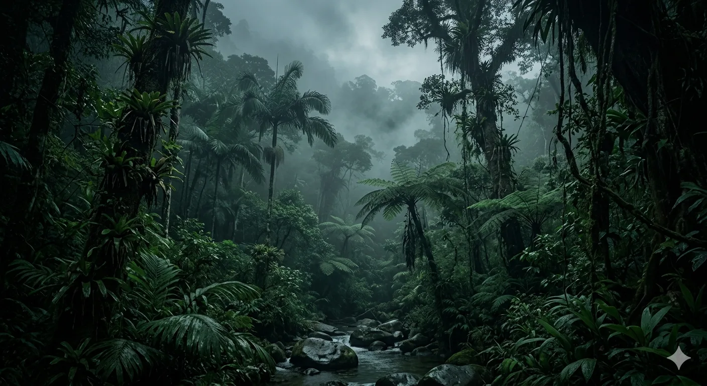 Misty tropical foliage in a quiet rainforest.