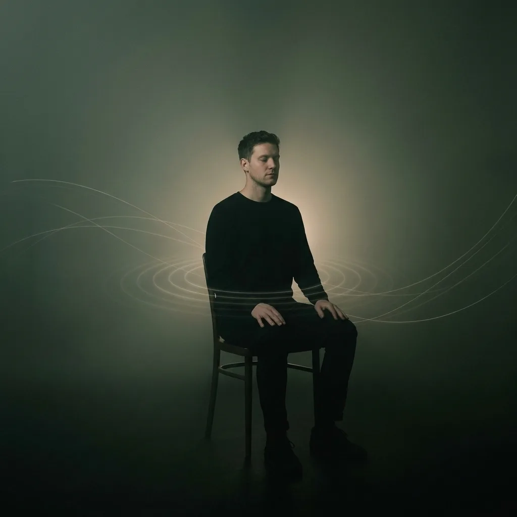 A person seated upright with eyes closed, faint rings of light radiating from the lower back.