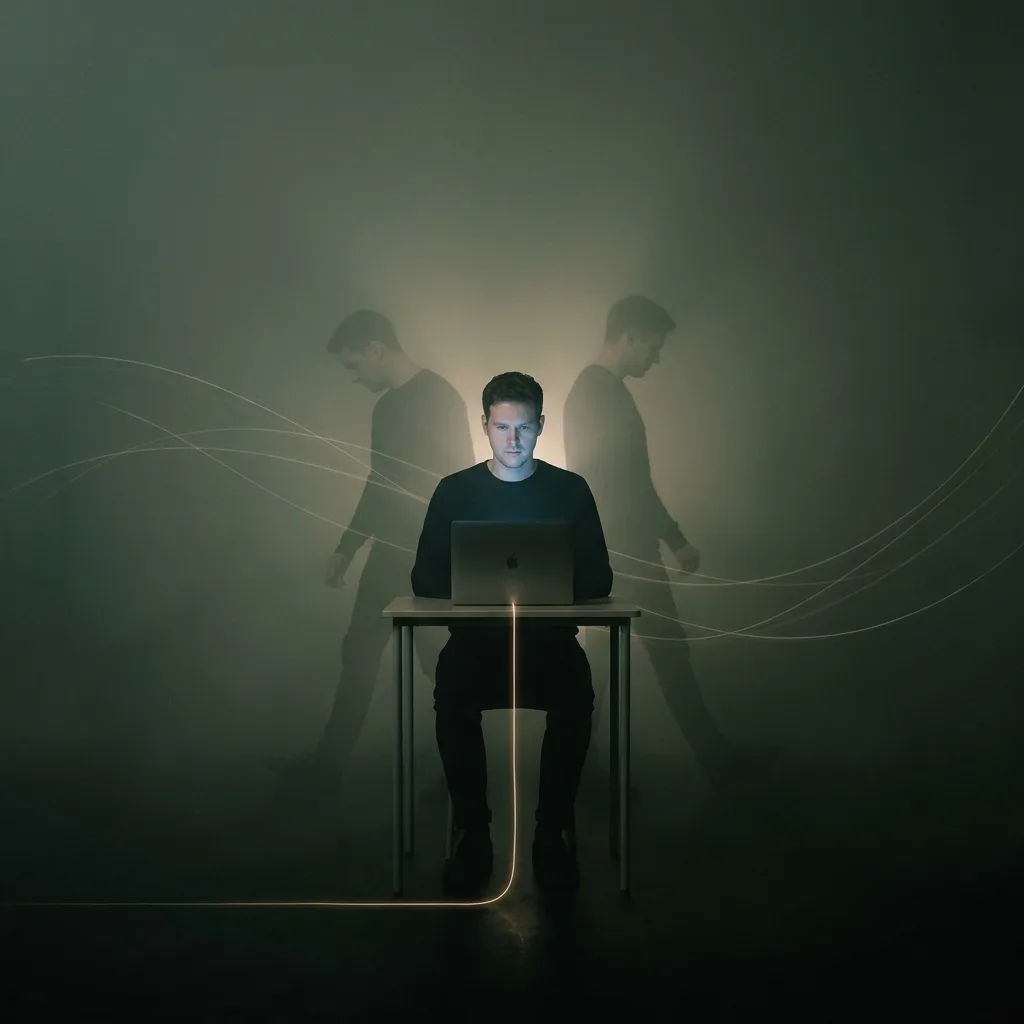 A person working at a laptop, screen-lit, with ghosted figures leaning away from them.