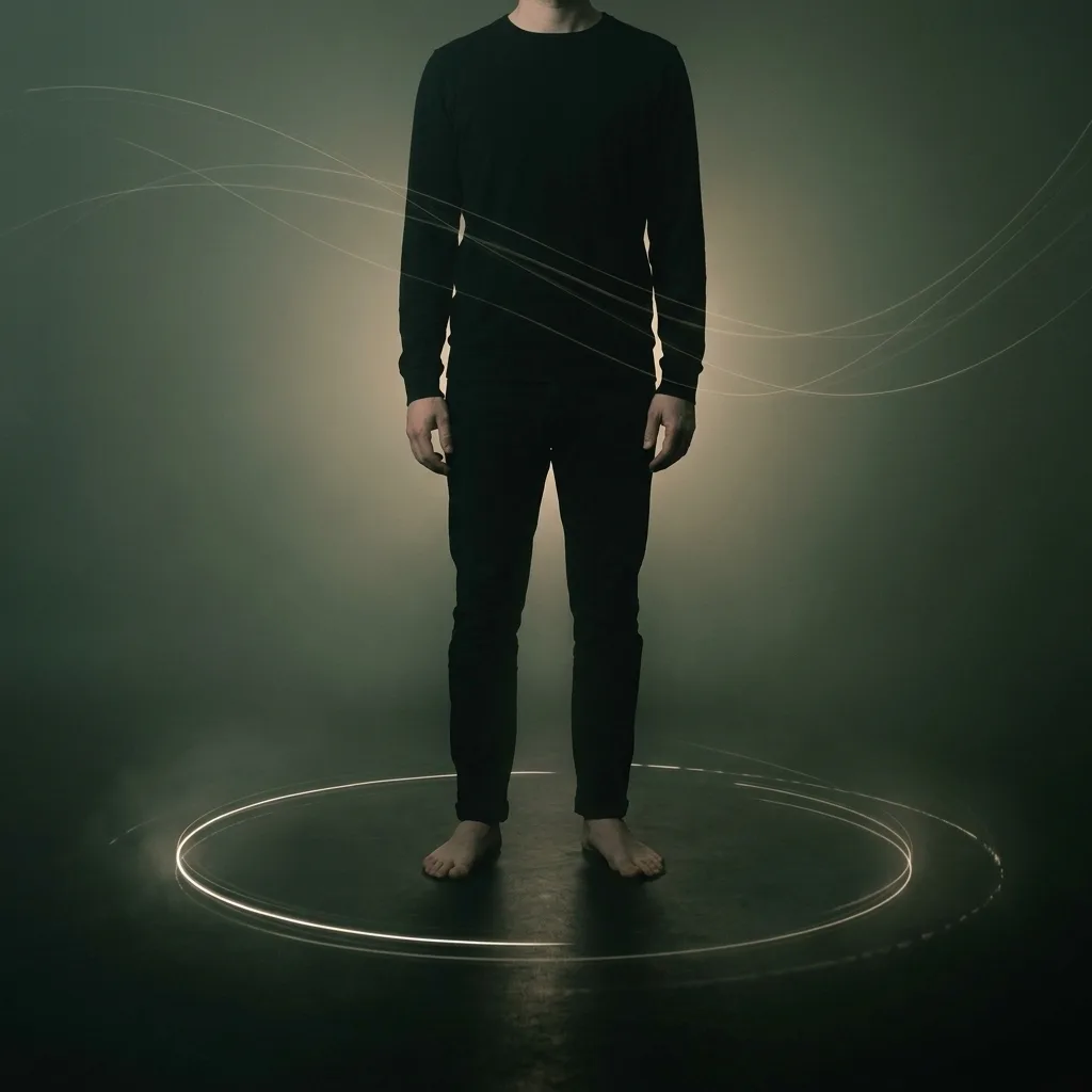 A person standing barefoot, trails of light circling beneath their feet.