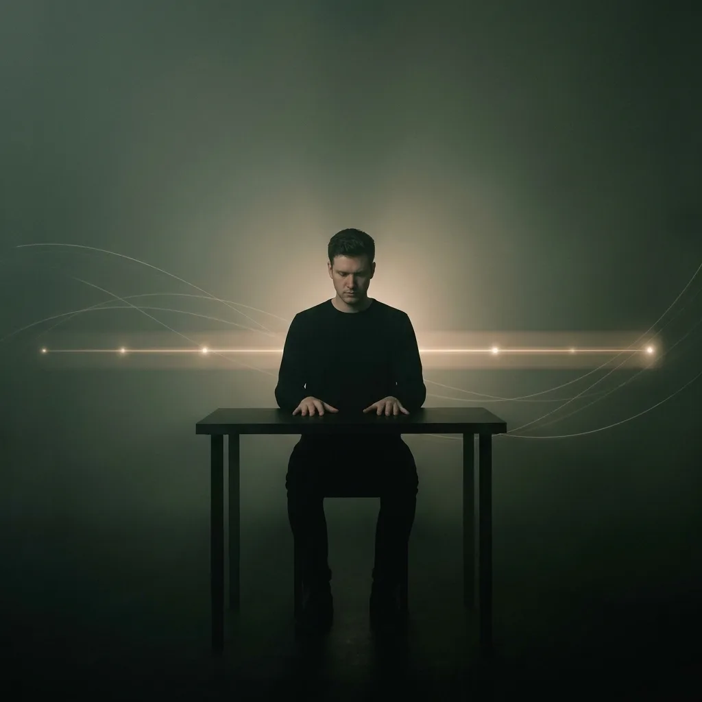 A person seated with palms flat on a table, a long trail of light stretching behind them.