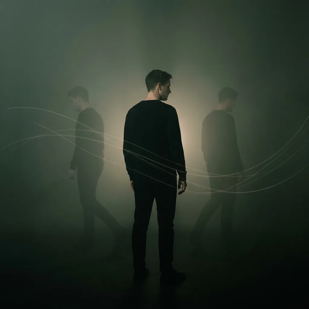A person standing still while two faint duplicates of themselves drift away into darkness.